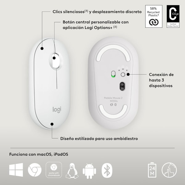 Logitech Pebble Mouse M350s, snygg trådlös Bluetooth -mus, lätt, lätt att byta, kompatibel med Windows, macOS, iPadOS, Android, ChromeO
