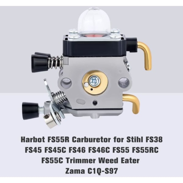 Kaasutin Stihl FS38 FS45 FS46 FS55 FS55r FS55rc FS74 FS75 FS80 FS85 KM55 HL45 KM55r, ruohonleikkurin kaasutin tiivisteillä, pohjapumpuilla ja sytytystulpalla