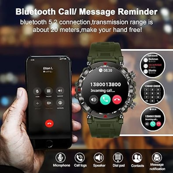 Militär Smartwatch för män, Robust Tactical Bluetooth Call Smart Watch för Android iOS-telefoner, Outdoor Touch Screen Digital Fitness Watch med Sport