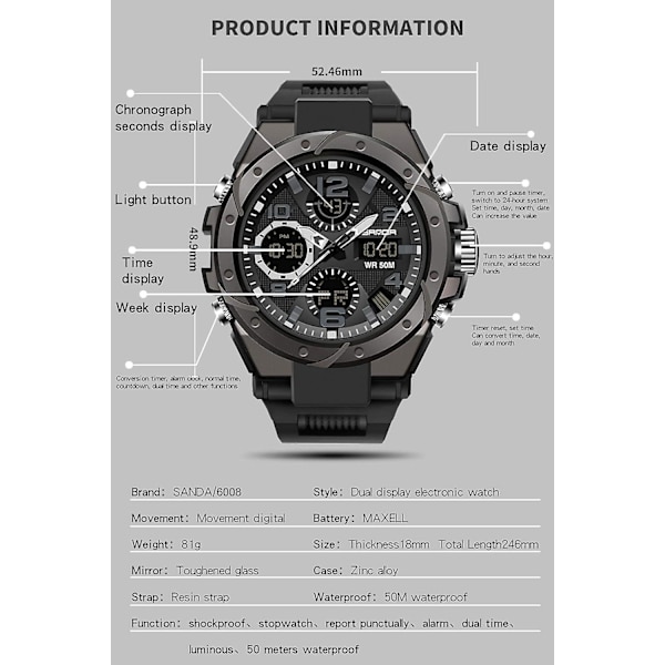 Militära taktiska sportklockor för män - Luminous Dual Time Digital Boy Army Watch-analog utomhus Vattentät, vuxen, manlig
