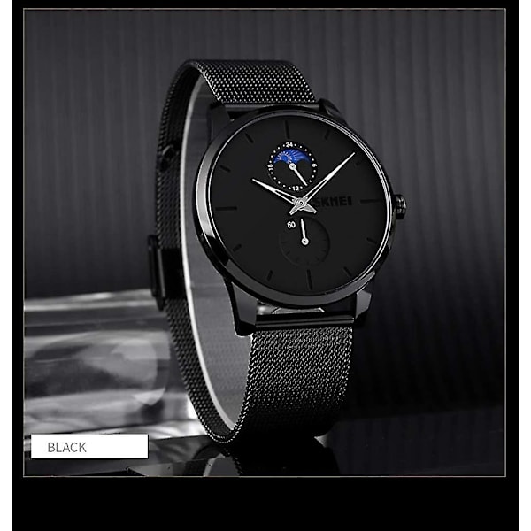 Svarta klockor för män Mode Minimalistisk Vattentät Ultratunn Analog Quartz Moon Phas Rostfritt stål Mesh Armbandsur för män Cc-9208-svart,adu