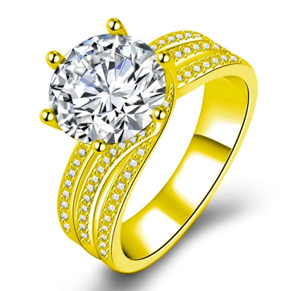 Sexstiftsinställning Cz förlovningsringar Klassisk design Utsökt roterande förlovningsring Ring i fri storlek för kvinnor, vuxen, gyllene