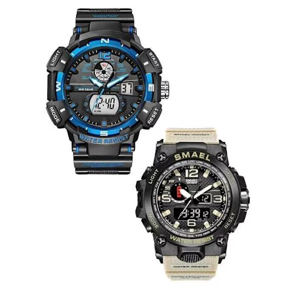 Khaki och blå analog digital watch för män Big Face Utomhussport Vattentät militär armbandsur med datum Multifunktion Taktisk LED Army Stop