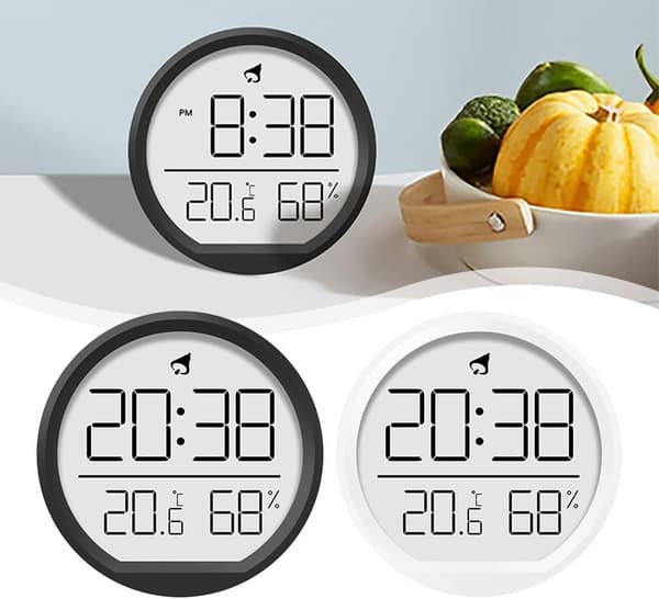 Kompakt Digital Klocka, Termometerhygrometer, Temperatur och Luftfuktighet, Magnetisk Sugkoppsfunktion (Vit)