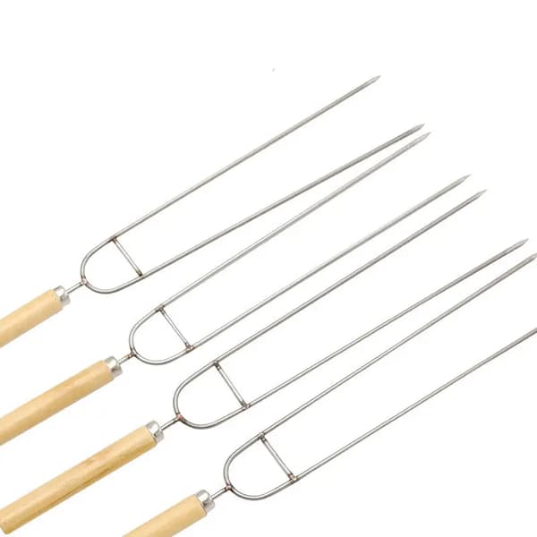 6x dubbla rostfria spett med trähandtag 37cm för grill, kebab