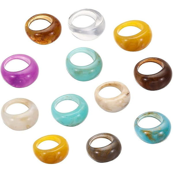 12 delar Vintage Resin Akryl Diamantringar Färgglada pekfingerringar Söta klara plasthartsbandsringar, vuxen, kvinna