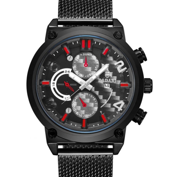 Sport Mesh Armband Herrkalender Quartz Watch Armbandsur (svart + röd)