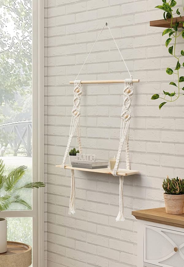 Macramé Trä Vägghylla Manuell Vävd Sovrum Vardagsrum WC Hänghylla Rep