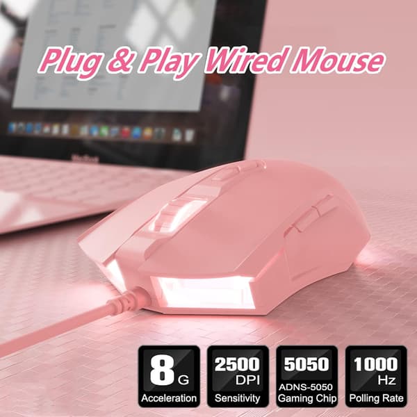 AJ52 Gaming Mouse Kabelansluten, 7 programmerbara knappar, datormöss med RGB LED-bakgrundsbelyst, 200 4000 DPI Justerbar, för Windows Mac OS Linux (Rosa)