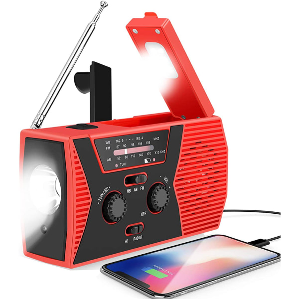 Crank radio solar radio dynamo emergency radio 2000mAh with USB mobile phone charging function LED flashlight/reading light and SOS siren, red-black