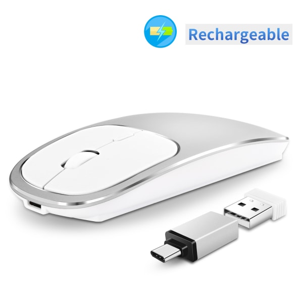 Uppladdningsbar trådlös mus, 2,4G Silent Slim Portabel USB C-mus, sladdlösa aluminiummöss med USB mottagare typ C-adapter för Mac MacBook Chromebo
