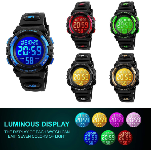 Barn Digital Sportklocka för Pojkar Flickor, Pojke Vattentät Casual Elektronisk Analog Kvarts 7 Färgglada Led Klockor,barn,unisex