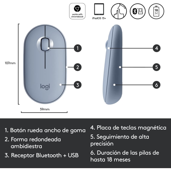 Logitech Pebble Mouse M350s, snygg trådlös Bluetooth mus, lätt, lätt att byta, kompatibel med Windows, macOS, iPadOS, Android och Chro