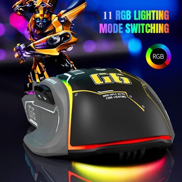 G6 trådlös spelmus, Bluetooth mus, 3-lägesanslutning, Mecha Style Design, 12 nycklar, 11 RGB-belysning, 5 DPI Justerbar, 4000 FPS, Ergonomi, PC