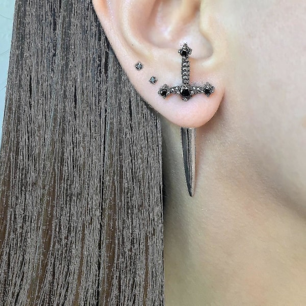 Gothic Kinitial Sword Earrings Vintage Cool Punk Crystal Ear Jacket Goth Dagger Earrings Smycken Present För Kvinnor Jau,vuxen,Rött guld