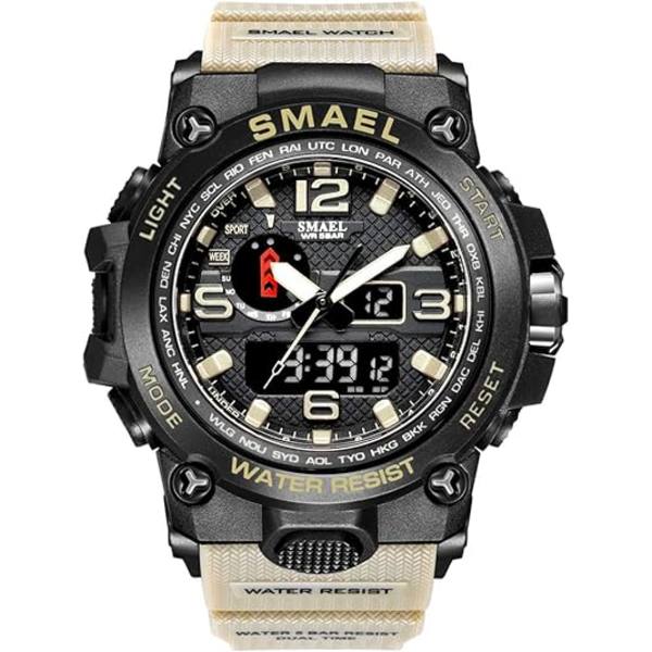 Khaki och blå analog digital watch för män Big Face Utomhussport Vattentät militär armbandsur med datum Multifunktion Taktisk LED Army Stop