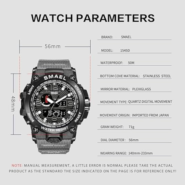 Analog digital watch för män Stort ansikte Utomhussport Vattentäta militära armbandsur med Date Multifunction Tactics LED Army Stoppur