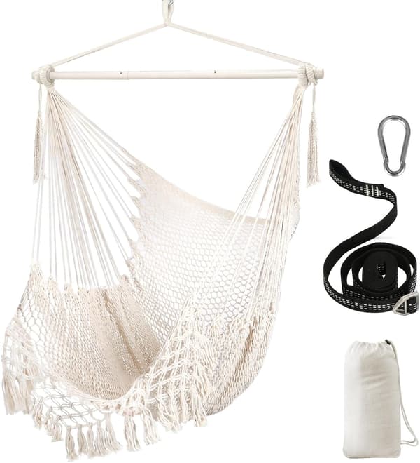Fringed Cotton Mesh Hängstol Bohemian Mesh Gunga, Vit