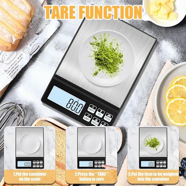 11lb/0,1g keittiövaaka, [6 painiketta] monitoiminen ruoka-asteikko, 7 yksikköä, tar-toiminto, PCS, lukitustoiminto, ruoanlaittoon, leivontaan ja mittaukseen