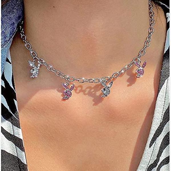 Halsband i rostfritt stål Rhinestone Playboy Rabbit Pendant Punk Chain Choker För kvinnor, vuxen, kvinna