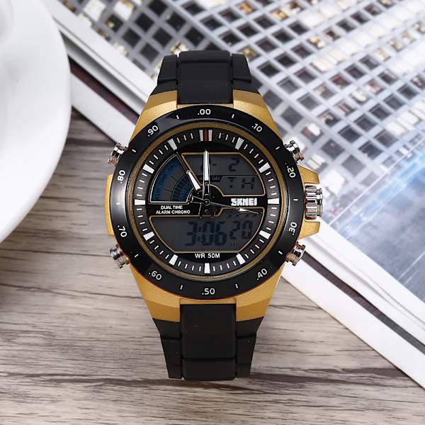 Herr Man Armbandsur Analog Digital Bakgrundsbelysning Dubbeltid Rund Watch Guld Svart