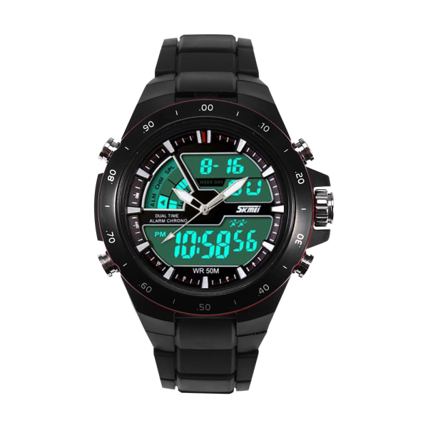 Man Armbandsur Analog Digital Bakgrundsbelysning Dual Time Round Watch Svart