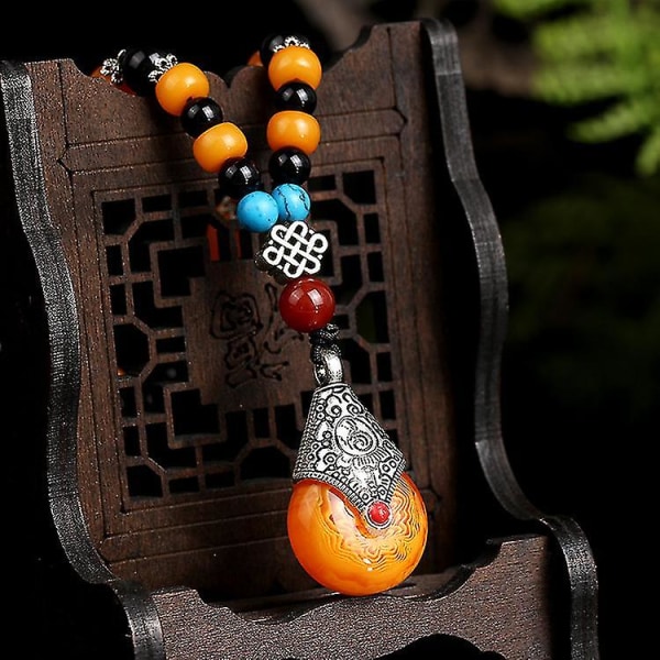 Etnisk stil Långt halsband Water Drop Pendant Agate Chain Dam Retro Smycken Tillbehör,barn,Röd