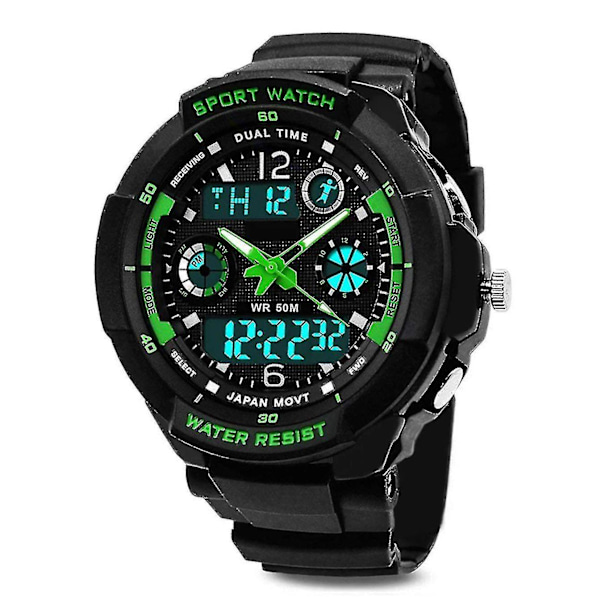Elektronisk watch för pojkar, 12/24 timmar/dubbel tidszon/larm/sekunder Vattentät watch
