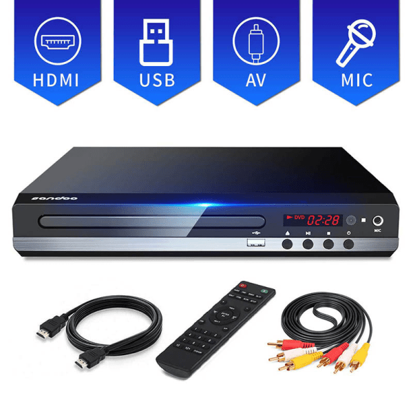 DVD-afspiller til TV, DVD/CD/MP3 med USB-stik, HDMI- og AV-udgang (HDMI- og AV-kabel medfølger), fjernbetjening