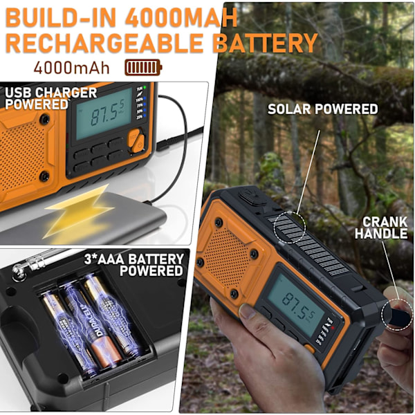 Solradio, Bärbar Radio, Nödväder 4000mAh Handvevradio med FM/AM(MW)/SW/WBA Dynamoradio, med LED-ficklampa/SOS-alarm/USB-kabel för