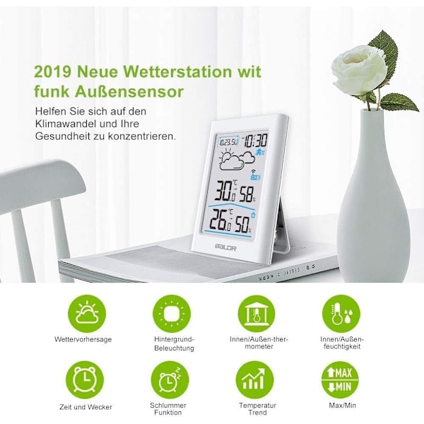 Trådlös väderstation med utomhussensor, digital termometer, hygrometer, rumstermometer inomhus och utomhus, hydrometer, fuktighet med väder