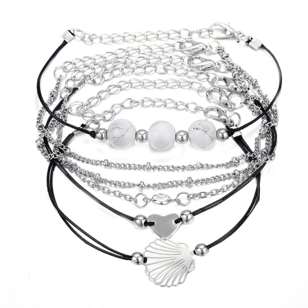 5 st Fashion Retro Shell Hjärtformat armband Legering Rund pärla Armband Set Smycken Present