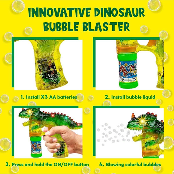 Dinosaur Bubble Gun: Batteridriven bubbelmaskinleksak för småbarn och barn|2 påfyllningsflaskor
