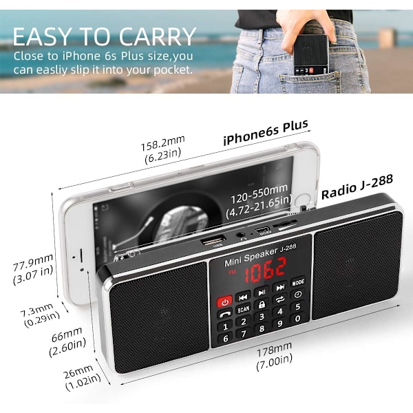 J-288 Bärbar Radio FM AM(MW) MP3 TF USB AUX med Bluetooth-högtalare, LED-display, Sömntimerfunktion. (utan manuell minnesfunktion)