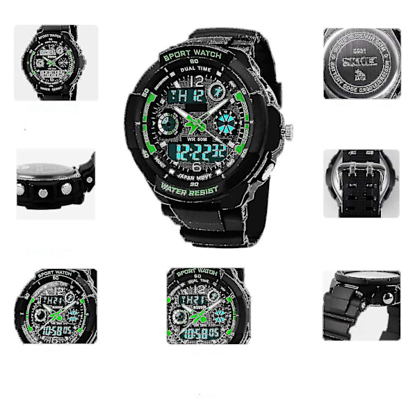 Elektronisk watch för pojkar, 12/24 timmar/dubbel tidszon/larm/sekunder Vattentät watch