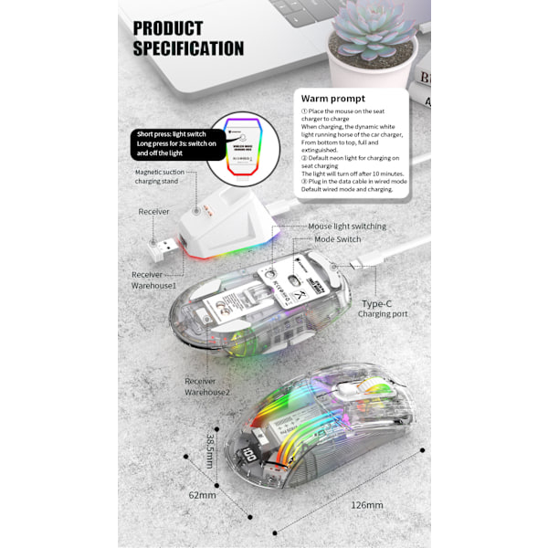 Bluetooth trådlös mus, tri mode RGB transparent mus, mus med laddningsbas