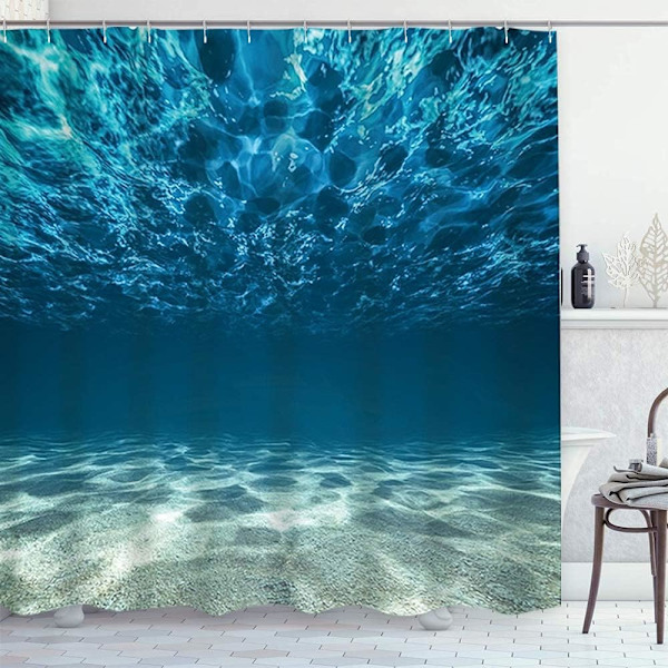 Duschdraperi 180 x 200 cm, Blå duschdraperi mot form , Duschdraperi i tyg med krokar, Duschdraperi för badrum