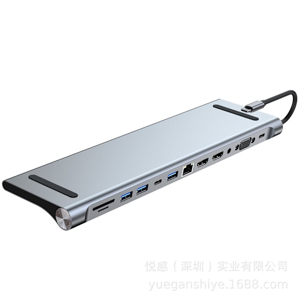 12-i-1 USB C-dockningsstation, USB C-adapter för 3 skärmar 2 HDMI 4K, VGA, USB 3.0/2.0, USB C, SD/TF-kortläsare, Ethernet, PD 100W, 3,5 mm ljud