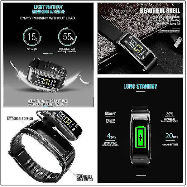 2 i 1 Smart Armband Bluetooth Headset Vattentät Watch Trådlös hörlur Y1, vuxen, svart