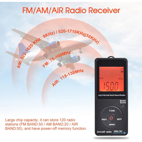 Mini Air Band -radio sisäänrakennetulla 400 mAh litiumakulla, AM Air FM -radio kuulokkeilla, oranssi taustavalaistu LCD-näyttö, tukee automaattista tallennusta ja hakua