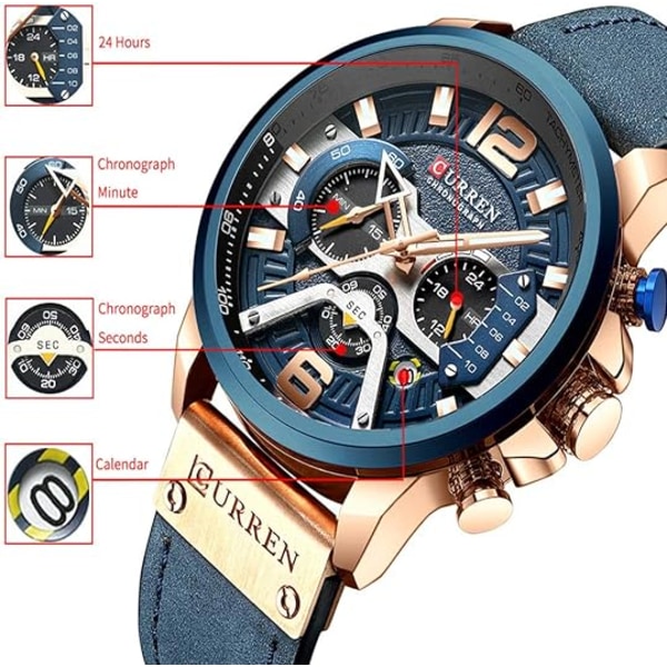 Casual för män Militärt lädermode kronografarmbandsur Vattentät sexhands watch för män (roséguldblå)
