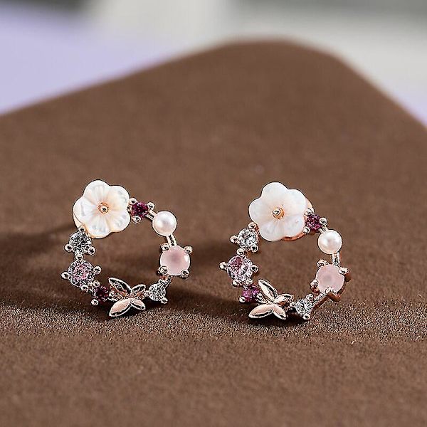 Mode Rose Gold Crystal Hänge Halsband Örhängen Ringar Set Elegant Bröllopssmycke Set Kompatibel med Kvinnor Blommor Bijoux Present, barn, 2st