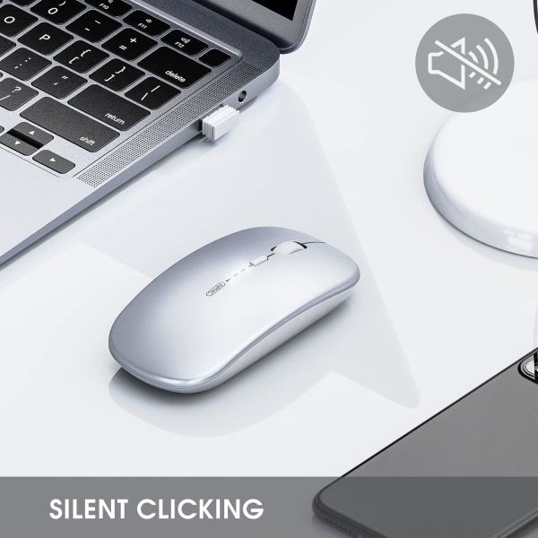 Uppladdningsbar trådlös mus, Silent Infamous Click Mini Silent Optical Mouse, Ultratunn 1600 Dpi för bärbar dator, PC, bärbar dator, dator, Macbook (Clear Sil