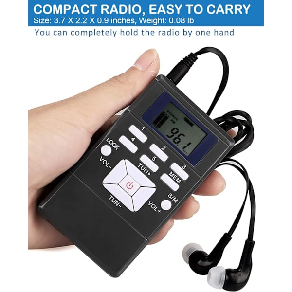 Mini bärbar FM-radio, stereo LCD-display, fickradio med hörlurar, liten fickradio som drivs av