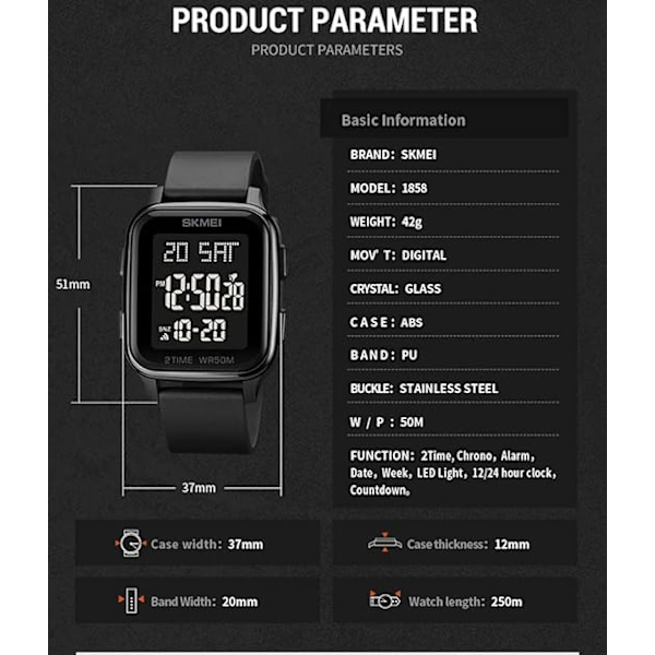 Watch fyrkantigt ansikte unisex dam för män Digital multifunktion utomhus casual Countdown 50 M vattentät led ljus armbandsur