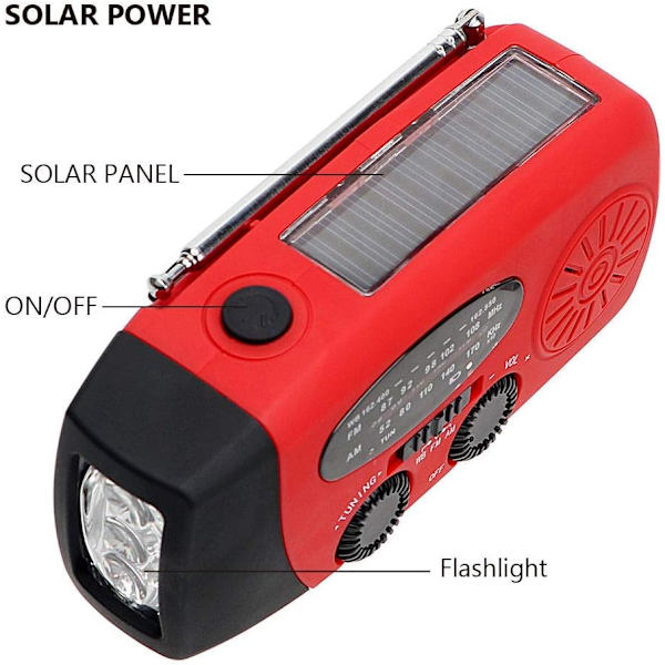 FM/AM/NOAA-sääradio, käsikäyttöinen, aurinkokäyttöinen, mini, hätätilanteisiin tarkoitettu selviytymisradio, jossa on 3 superkirkasta LED-taskulamppua ja 2000 mAh:n akku
