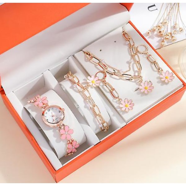 5 st set present för kvinnor, födelsedag set för dam, blomsterdesign halsband, armband, örhängen, watch i set, vuxen, rosa