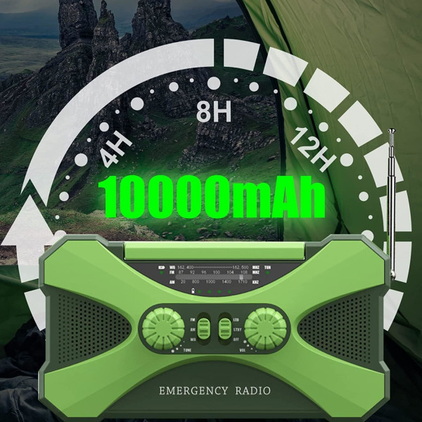2022 Solcellsradio Nödradio med vev, 10000mAh Bärbar Vevradio FM/AM/NOAA Dynamo Radio med 3 lägen Ficklampa, Läslampa, SOS-larm, W