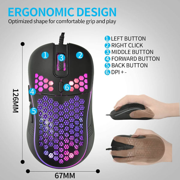 Honeycomb trådad spelmus, RGB-bakgrundsbelysning, ergonomisk och lätt USB -datormus med högprecisionssensor för bärbara Windows-datorspelare (B