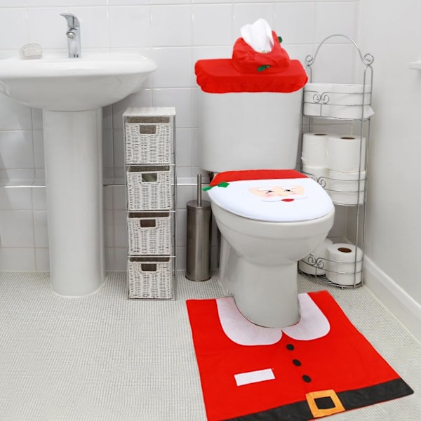 Joulu WC-istuimen peitesetti, söpö joulupukki ja lumimies WC-istuimen peite + WC-säiliön peite paperikotelo + mattosetti jouluiseen kylpyhuoneen sisustukseen